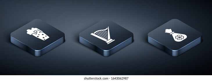 Set Isometric Glass of beer, Money bag with four leaf clover and Harp icon. Vector