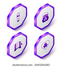 Set Isometric Glass of beer, Pot gold coins, Wooden barrel on rack and Heart with clover trefoil leaf icon. Purple hexagon button. Vector