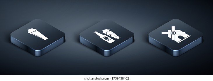 Set Isometric Glass of beer, Windmill and Beer bottle and glass icon. Vector