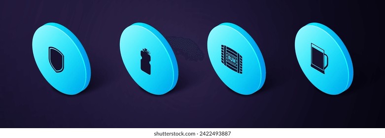 Set Isometric Glass of beer, Wooden barrel with rum, Sport bottle water and Shield icon. Vector