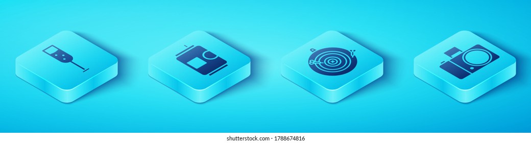 Set Isometric Glass of champagne, Beer can, Photo camera and Classic dart board and arrow icon. Vector