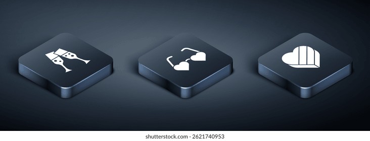 Set Isometric Glass of champagne, Candy in heart shaped box and Heart love glasses icon. Vector