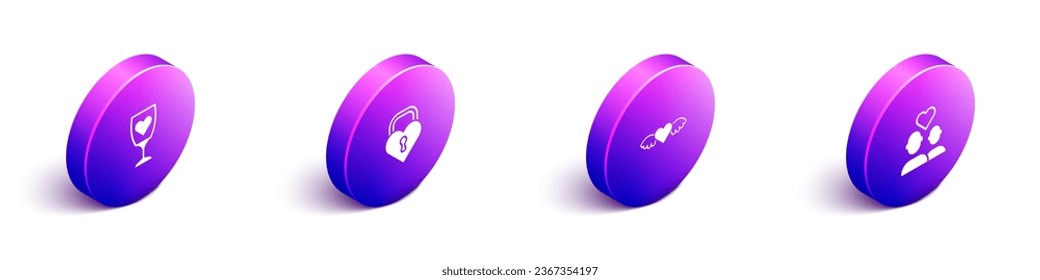 Set Isometric Glass of champagne, Castle in the shape heart, Heart with wings and Lover couple icon. Vector