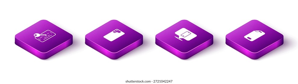 Conjunto protector de pantalla de vidrio isométrico, teléfono inteligente, servicio de reparación de teléfono e icono. Vector