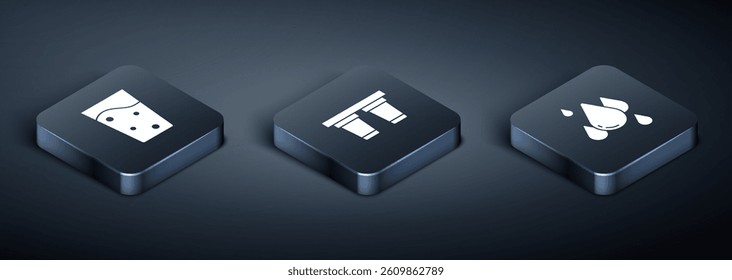Set Isometric Glass with water, Water drop and filter icon. Vector