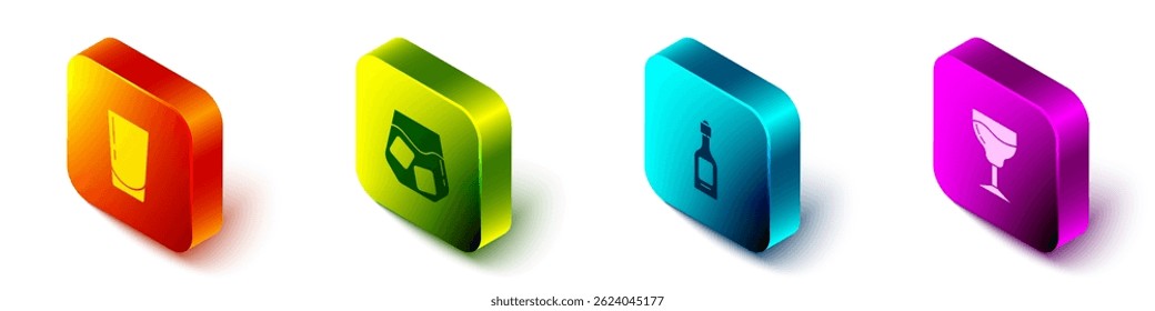 Set Isometric Glass with water, of whiskey, Champagne bottle and Wine glass icon. Vector