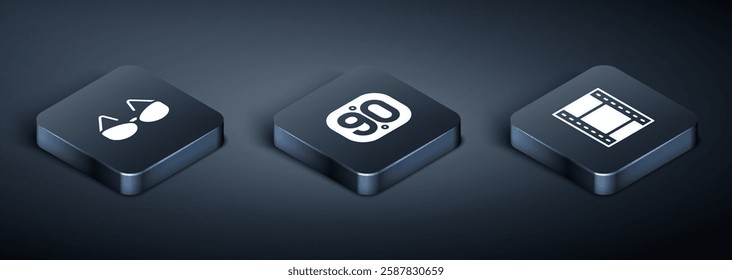 Set Isometric Glasses, Play Video and 90s Retro icon. Vector
