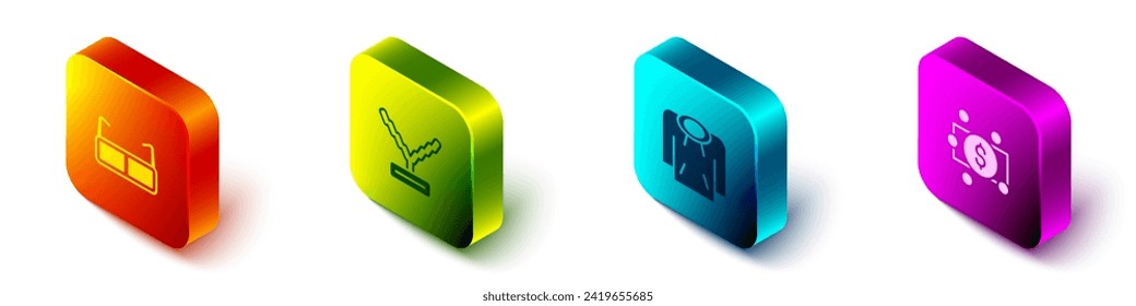 Set Isometric Glasses, Rapper chain, Hoodie and Stacks paper money cash icon. Vector