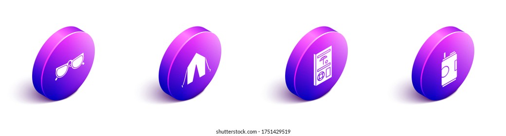 Set Isometric Glasses, Tourist tent, Travel brochure and Soda can icon. Vector