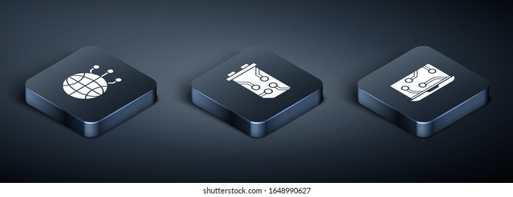 Setzen Sie Isometric Global Technology oder Social Network, Laptop und Video Grafikkarte Symbol. Vektorillustration