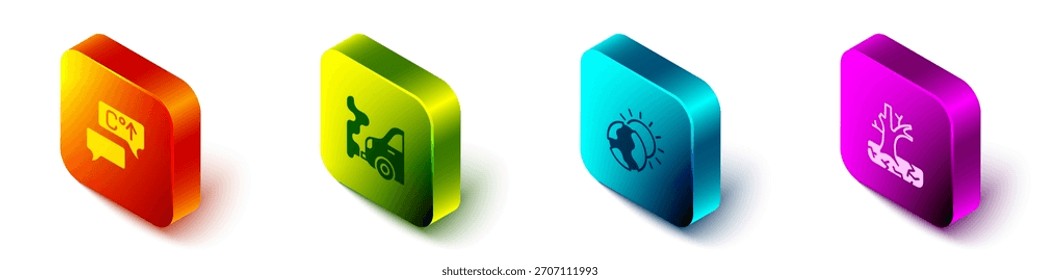 Establecer el calentamiento global isométrico, el escape del automóvil y el icono del árbol marchito. Vector