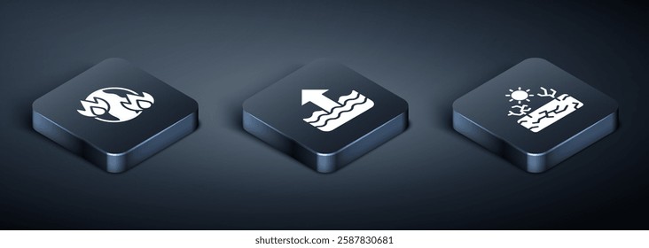Set Isometric Global warming fire, Drought and Rise water level icon. Vector