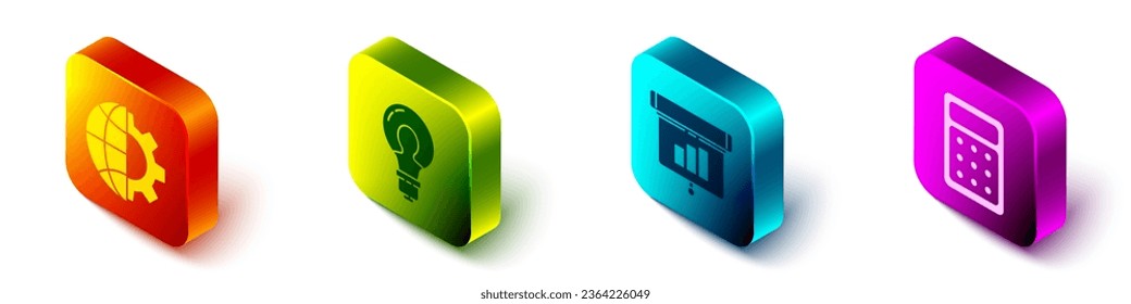 Set Isometric Globe of the Earth and gear, Light bulb with concept of idea, Graph, chart, diagram, infographic and Calculator icon. Vector