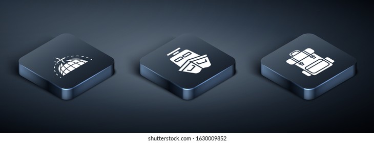 Set Isometric Globe with flying plane, Hiking backpack and Ship icon. Vector
