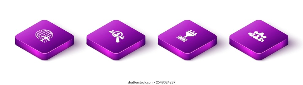Set Isometric Globe with flying plane, Magnifying glass for search people, Lead management and Project team base icon. Vector
