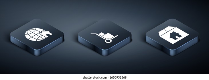 Set Isometric Globe with house symbol, Cardboard box with house and Hand truck and boxes icon. Vector