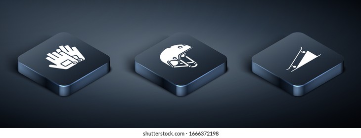 Set Isometric Gloves, Skateboard on street ramp and Helmet icon. Vector