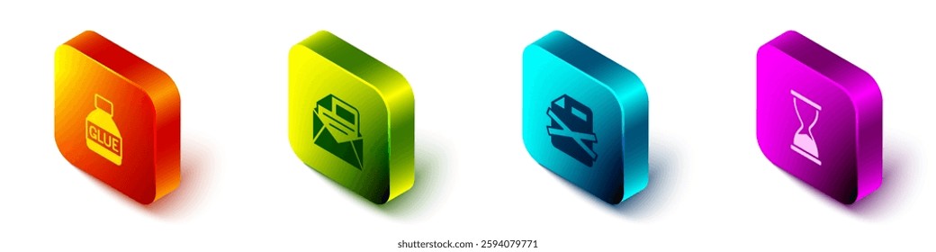 Set Isometric Glue, Mail and e-mail, Delete file document and Old hourglass icon. Vector