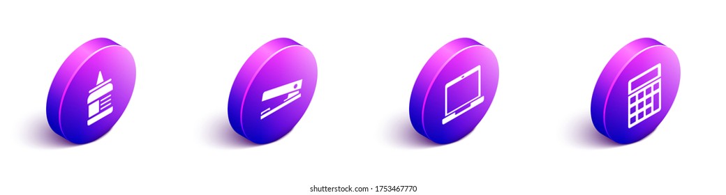Set Isometric Glue, Office stapler, Laptop and Calculator icon. Vector