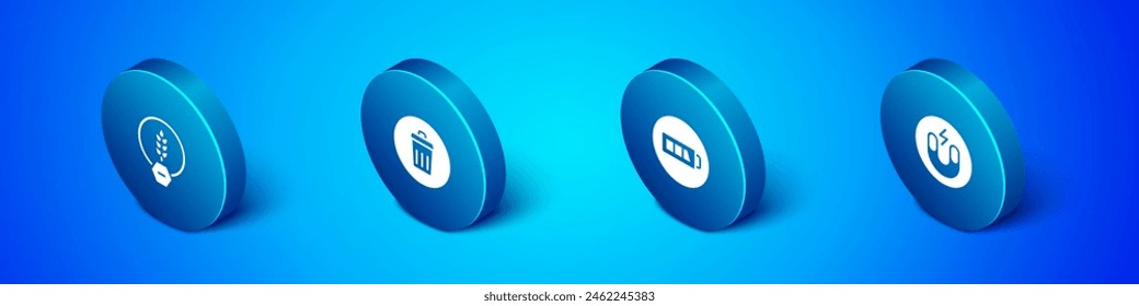 Set Isometric Gluten free grain, Battery, Magnet and Trash can icon. Vector
