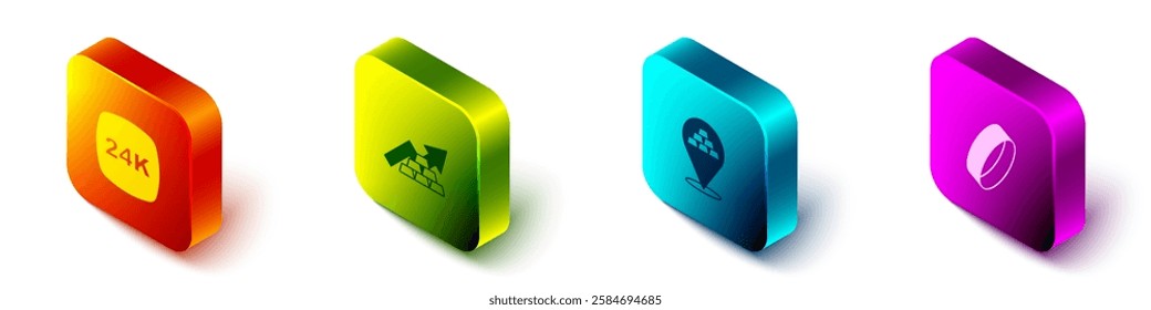 Set Isometric Gold bars 24k, Growth arrow with gold,  and ring icon. Vector