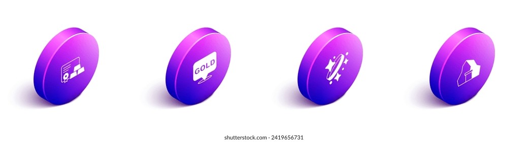 Establece barras de oro isométricas con certificado, anillo e icono de mina. Vector