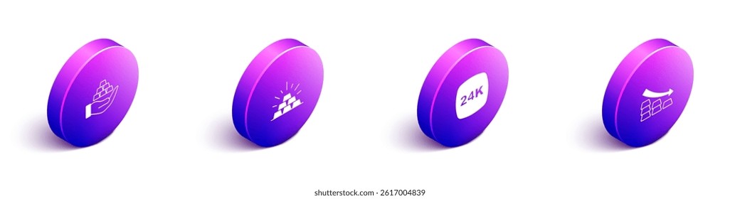 Set Isometric Gold bars in hand, 24k and Falling arrow with gold icon. Vector