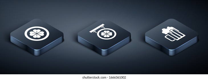 Moneda de oro isométrica con cuatro trébol de hojas, tazón de cerveza de madera y carteles de la calle con un icono de trébol de cuatro hojas. Vector