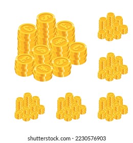 Set of isometric gold coins stack with mixed world major currencies sign in flat style