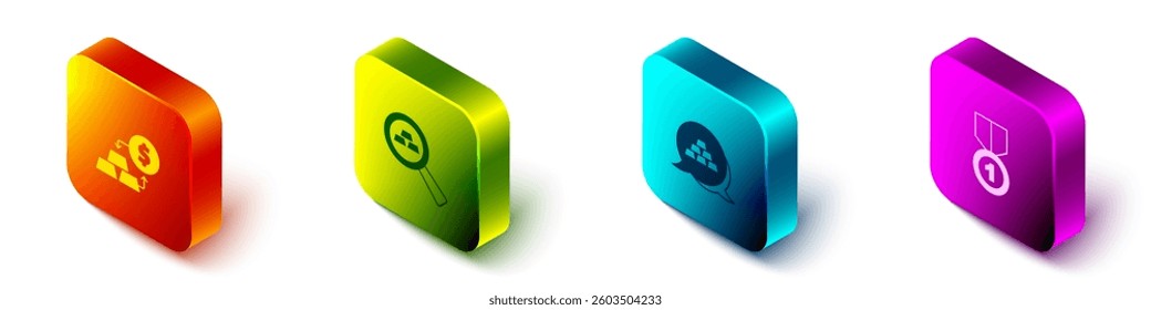 Set Isometric Gold exchange money, bars,  and medal icon. Vector