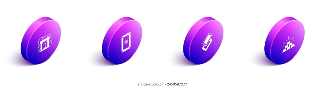 Set Isometric Gold mine, bars 24k,  and  icon. Vector