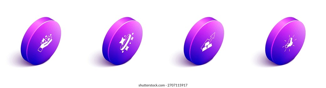 Conjunto de mina de oro isométrica, anillo, flecha de crecimiento con barras de oro e icono de pepita. Vector