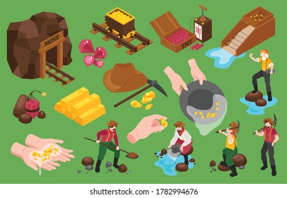 Set Of Isometric Gold Mining Icons And Isolated Images Of Gold Extraction With Workers And Tools Vector Illustration