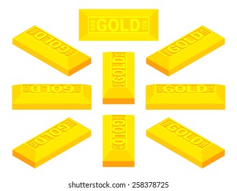 Set of the isometric golden bars. The objects are isolated against the white background and shown from different sides