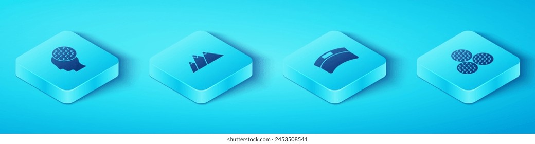 Set Isometric Golf ball, Mountains,  and Sun visor cap icon. Vector