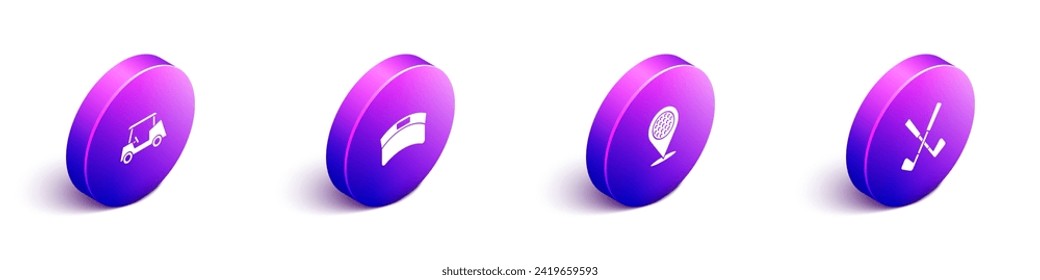 Set Isometric Golf car, Sun visor cap, Location golf sport club and Crossed icon. Vector