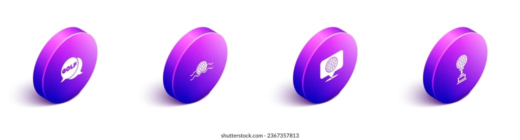 Establezca la etiqueta de golf isométrico, pelota en agua y copa de premio con icono de golf. Vector