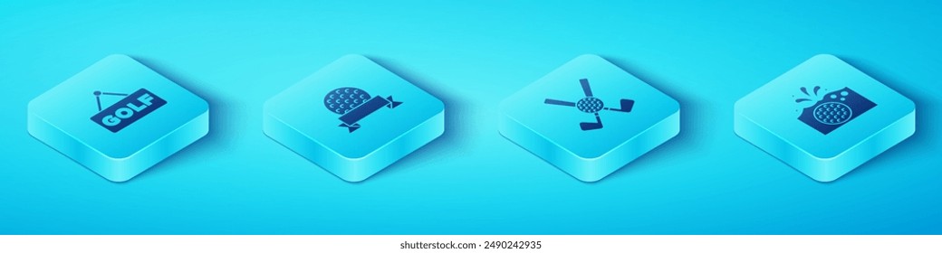 Set Isometric Golf label, ball, in water and Crossed golf club with icon. Vector