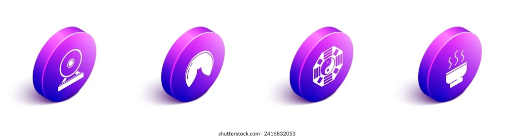 Set Isometric Gong, Chinese fortune cookie, Yin Yang and Chinese tea ceremony icon. Vector