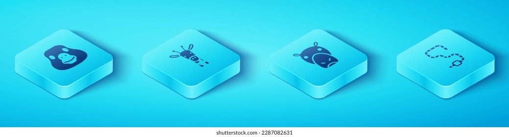 Set Isometric Goose bird, Giraffe head, Worm and Hippo Hippopotamus icon. Vector