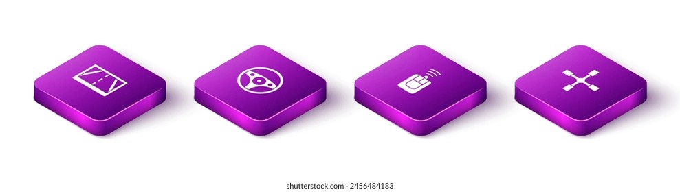 Set Isometric Gps device with map, Steering wheel, Car key remote and Wheel wrench icon. Vector