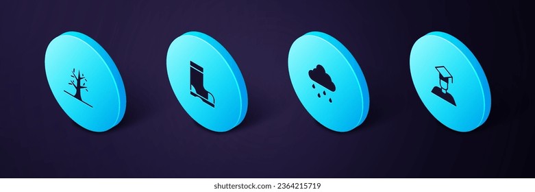 Set Isometric Graduate and graduation cap, Cloud with rain, Waterproof rubber boot and Bare tree icon. Vector