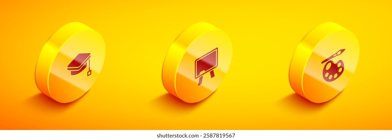 Set Isometric Graduation cap, Chalkboard and Paint brush with palette icon. Vector