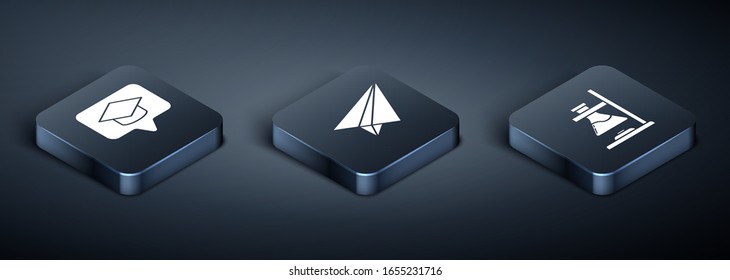 Coloque el tapón de graduación isométrica en la burbuja del habla, el matraz del tubo de prueba de vidrio en el fuego y el icono del avión de papel. Vector