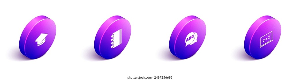 Set Isometric Graduation cap, Spiral notebook, Alphabet and Chalkboard icon. Vector