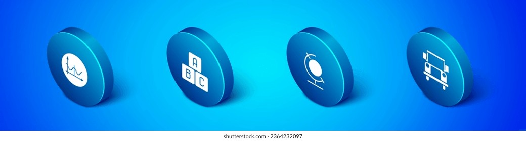 Set Isometric Graph, schedule, chart, diagram, Earth globe, School Bus and ABC blocks icon. Vector