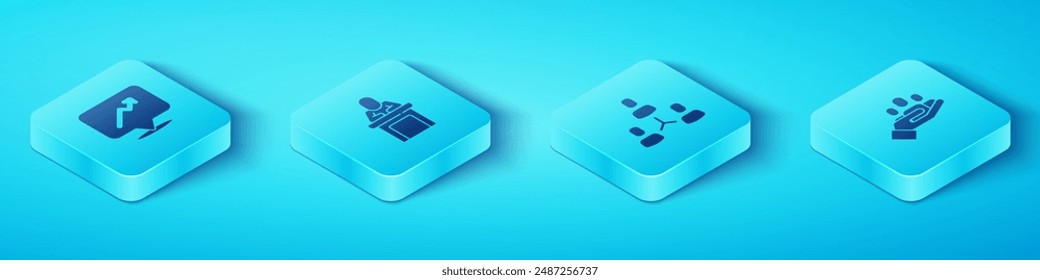 Set Isometric Graph, schedule, chart, Speaker, Hand for search people and Project team base icon. Vector