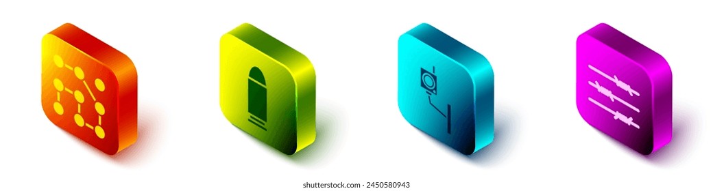 Establecer la protección de Contraseña gráfica isométrica, bala, cámara de seguridad e icono de alambre de púas. Vector