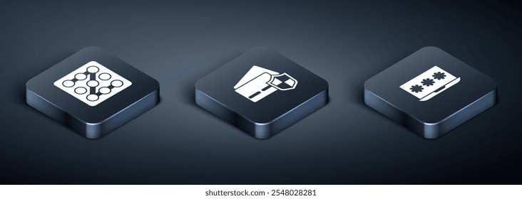 Definir a proteção por senha do Isometric Graphic, Laptop com e ícone de escudo do cartão de crédito. Vetor