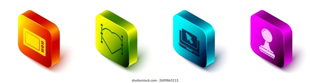 Set Isometric Graphic tablet, Heart with Bezier curve, Laptop and cursor and Stamp icon. Vector